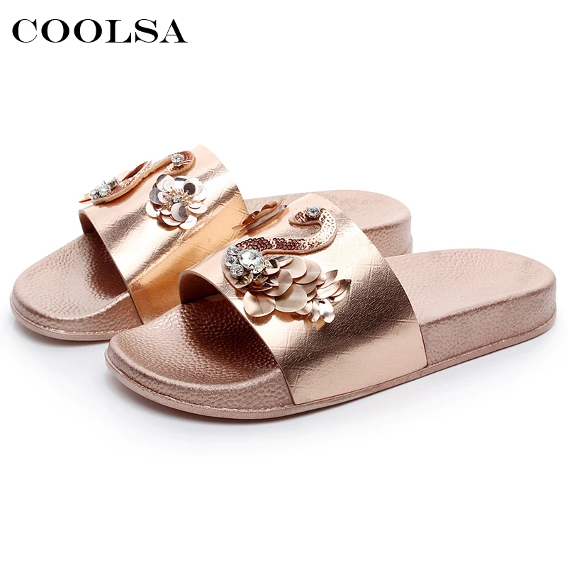 Coolsa/Новые летние женские шикарные шлепанцы пляжные сандалии со стразами и