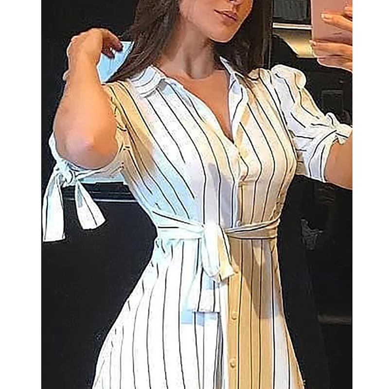 Лето в стиле Boho женские платья макси короткий рукав Женская Полосатая Рубашка