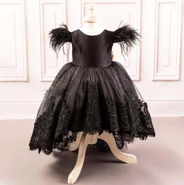 Black hi lo ostrich fur princess birthday party dress girl pageant gown for prom evening celebration with golden sequins bow | Детская