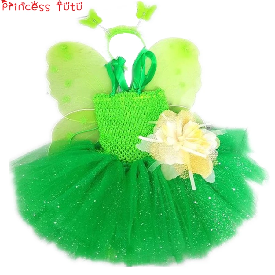 Handmade Tinker Bell Fairy Fancy Girl Tutu Dress Green Flower Wings Costume Kids Birthday Party | Детская одежда и обувь