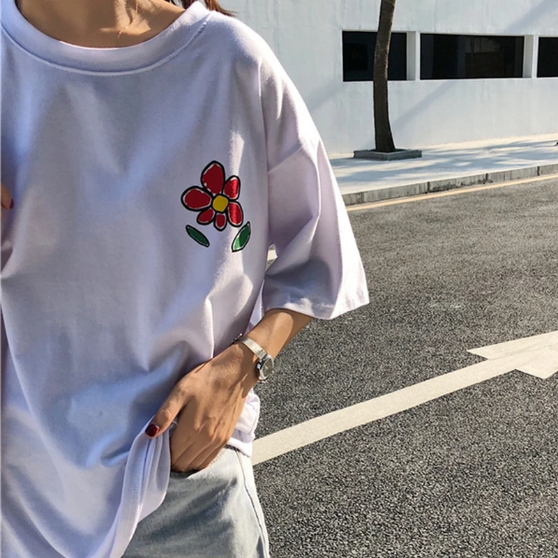 EXOTAO Kawaii футболка с цветочным принтом Женская свободная Harajuku белая женская