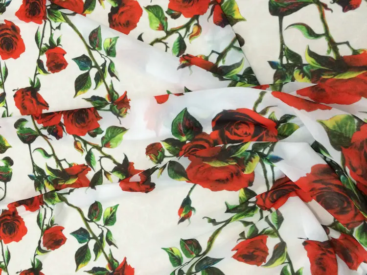 red rose flowers print silk chiffon fabric soft thin for dress long beach clothing tissue | Дом и сад