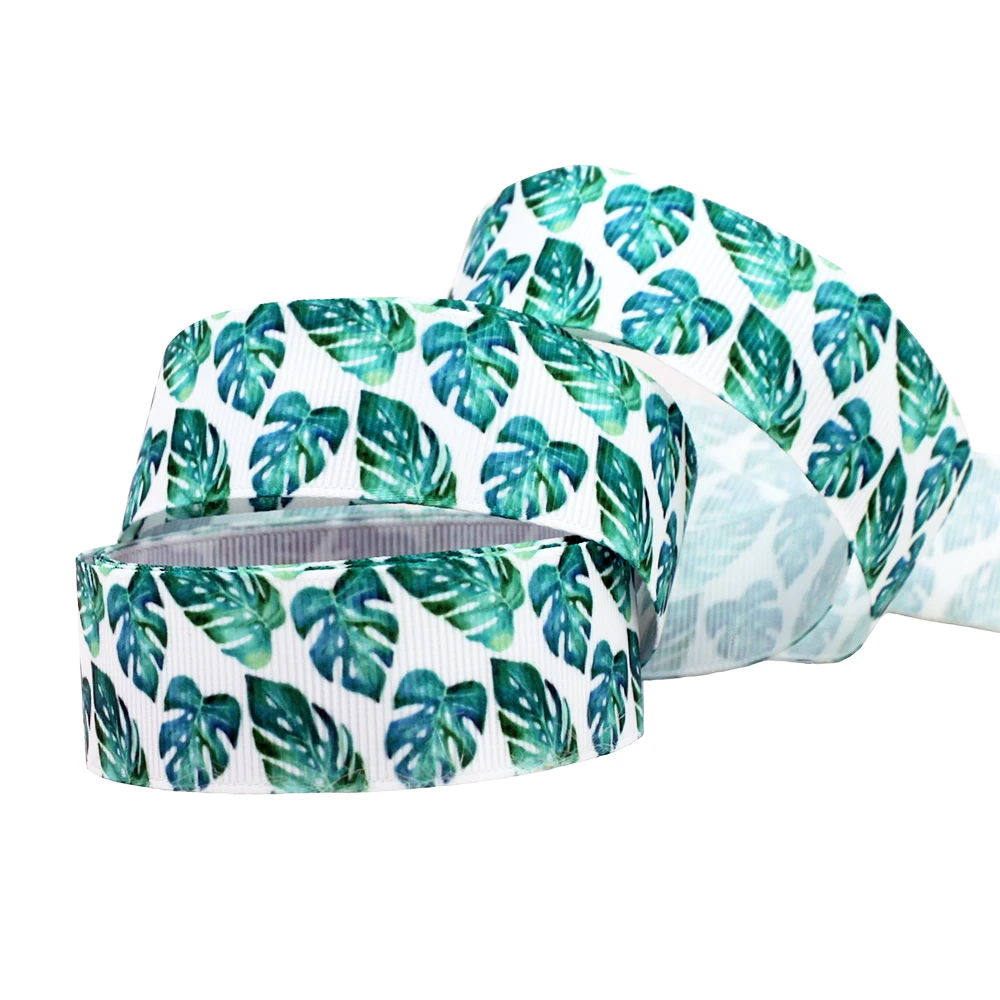 [IuBuFiGo] 60 ярдов 1 &quot25 мм цветы Monstera печатные Grosgrain ленты зеленые Сделай Сам банты