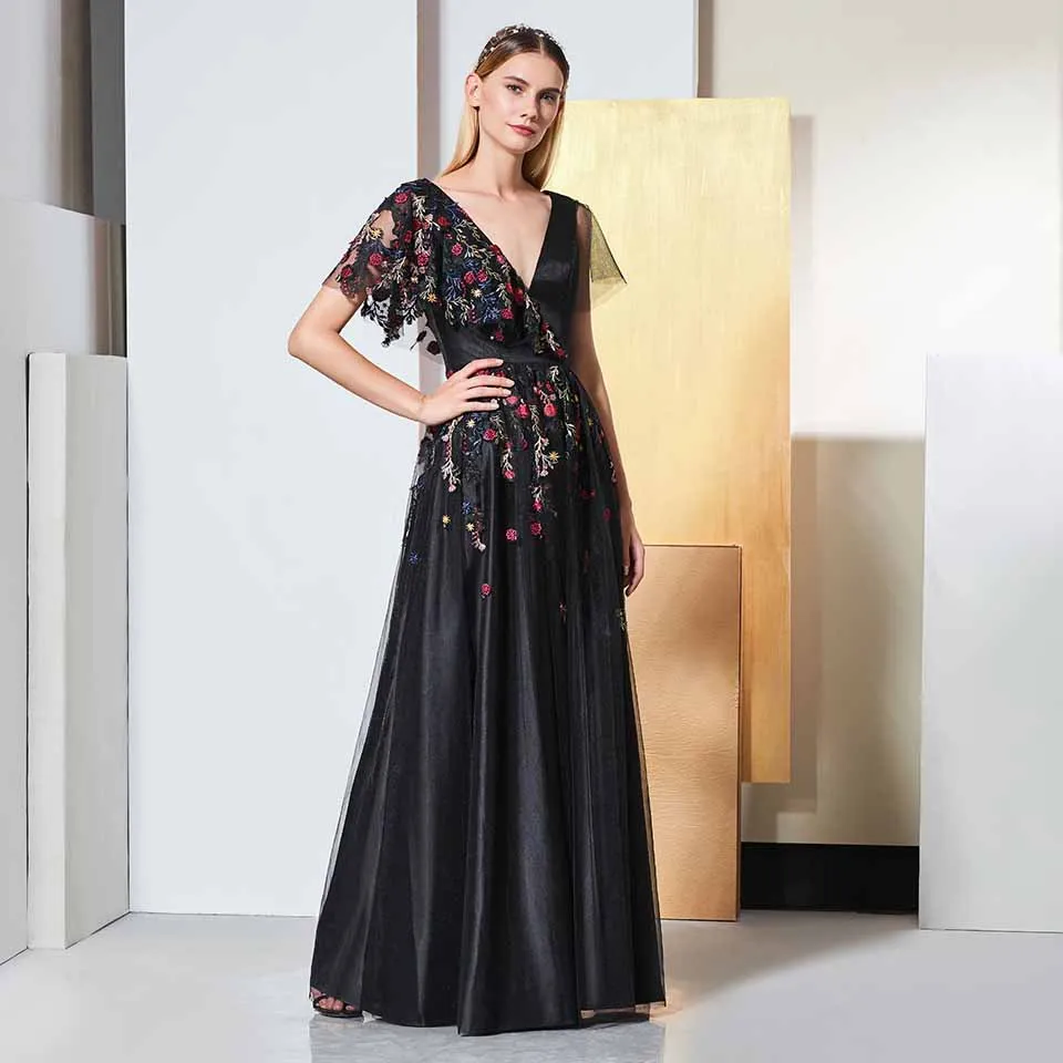 Dressv/Черное вечернее платье с v-образным вырезом короткими рукавами