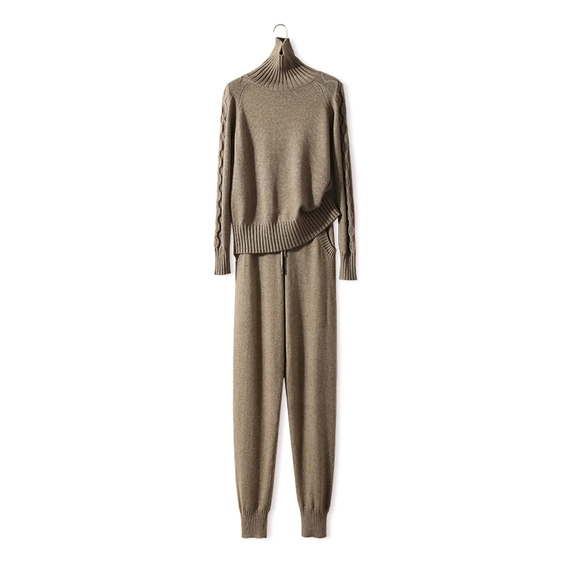 

Женский трикотажный костюм из двух предметов, теплый кашемировый трикотажный свитер с воротником и брюки, весна 2022