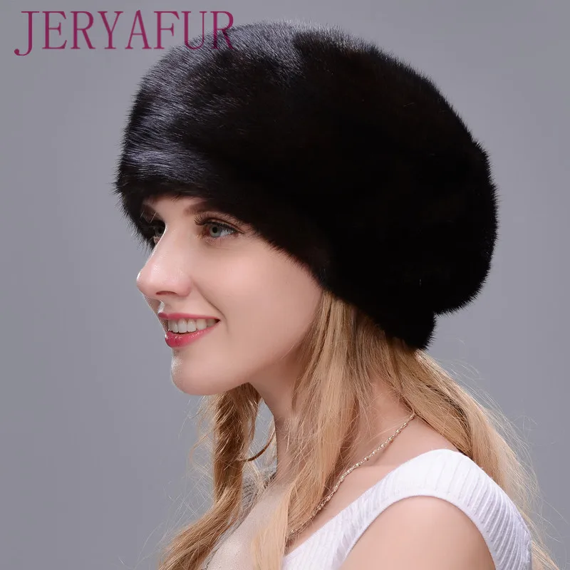 JERYAFUR 2018 Russian hat winter woman fur style cloak real mink Black women's protective ear | Аксессуары для одежды