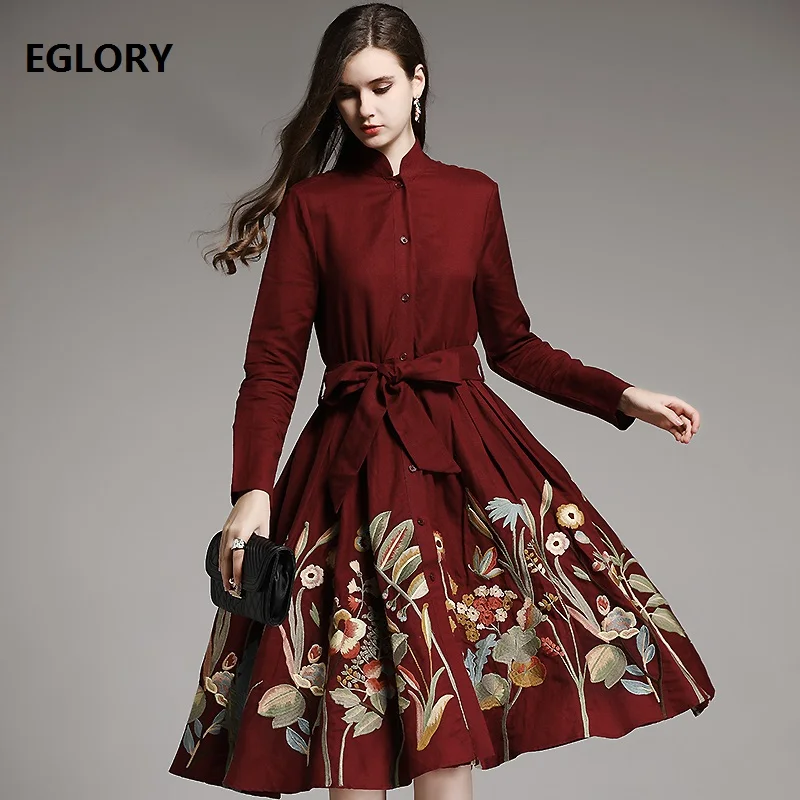 100%Linen Wome's Dress Luxurious 2020 Autumn Winter Spring Lady Exquisite Embroidery Long Sleeve Party Gorgeous Dress Trench 3XL
