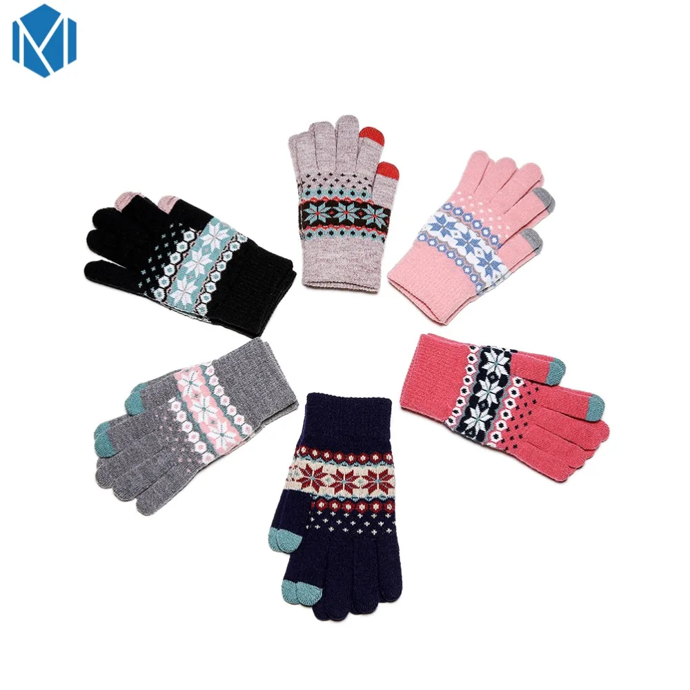 Women Warm Gloves Female Thick Knitted Snowflake Full Finger Winter Christmas Mittens Screen Sense Mitaine Femme Luvas | Аксессуары для