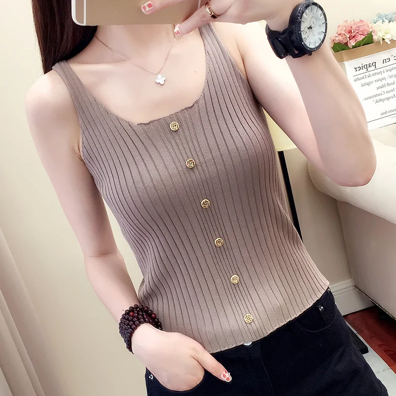 2019 New single-row knitted ice silk waistcoat with straight stripes 16-10986 | Женская одежда