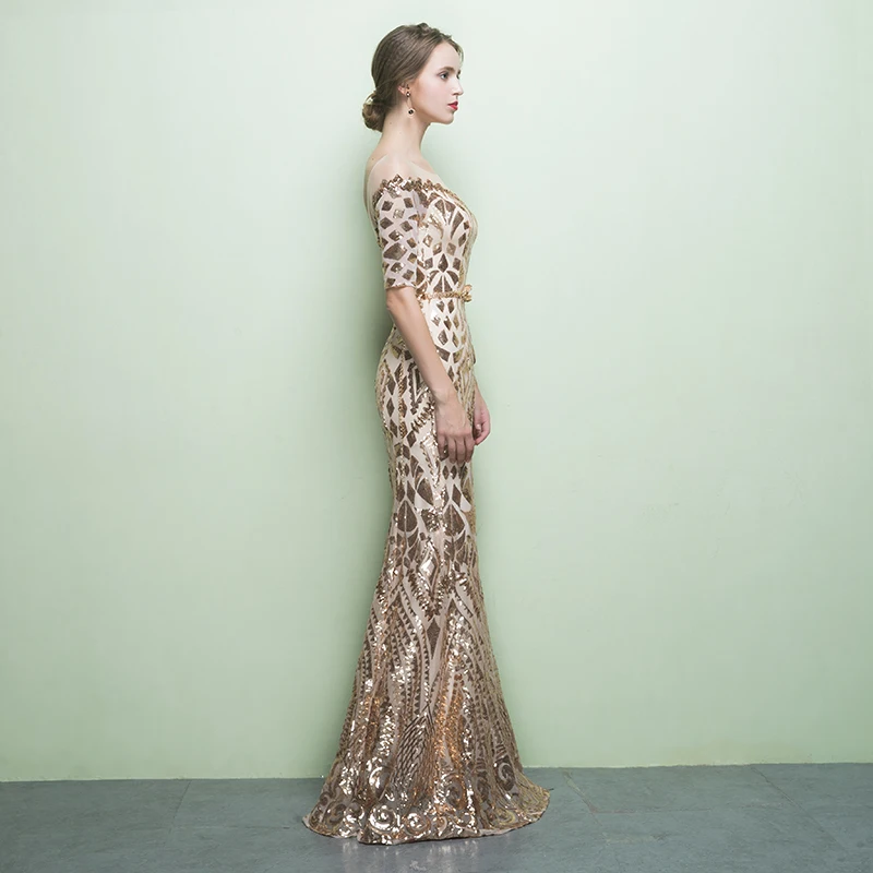 Vestido de festa с вырезом Лодочка пикантное Золотое вечерние платья пайетками