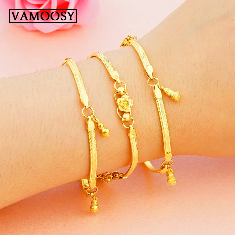 

16 Style Carved Flower Cross Heart Chain Charm Bracelet Women Wedding Jewelry Pure 24K Material Gold Color Bride Female Bracelet