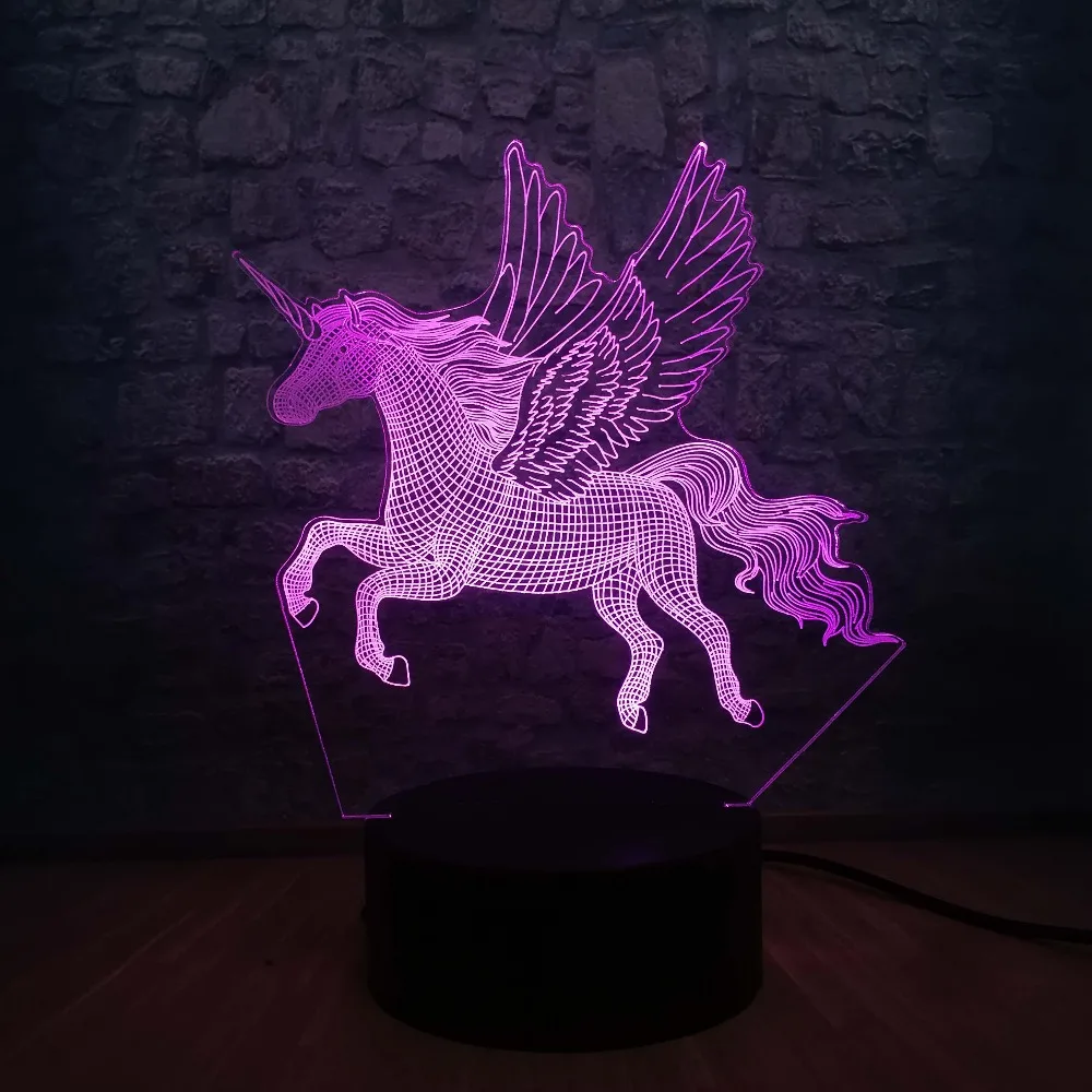 3D животное Единорог Лошадь Ночник светильник светодиодный иллюзия Лампа USB 7