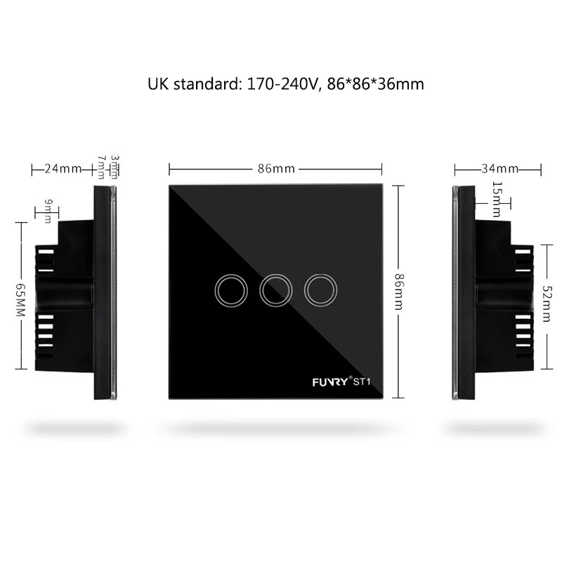 Funry ST1 3Gang UK Standard Smart Switch Remote Control/Touch Wall Lamp Panel Surface Waterproof Crystal Tempered Glass 170-240V |