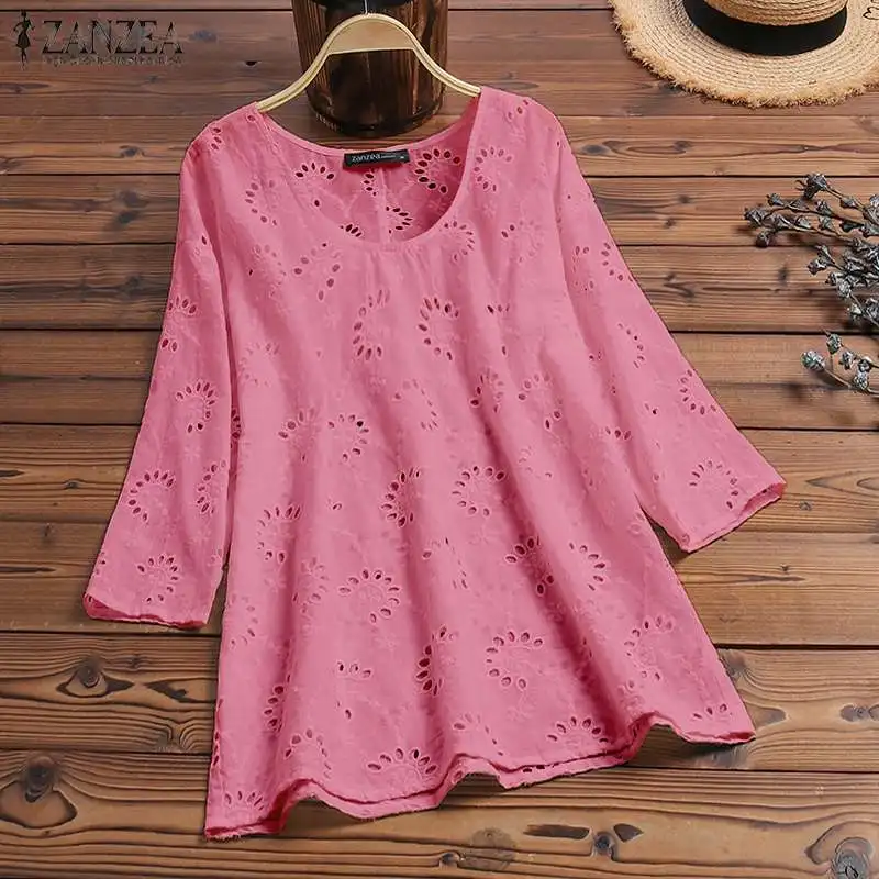 ZANZEA Summer Embroidery Shirt Women Elegant V Neck 3/4 Sleeve Cotton Linen Tops Party Casual Blusas Vintage Work OL Blouse