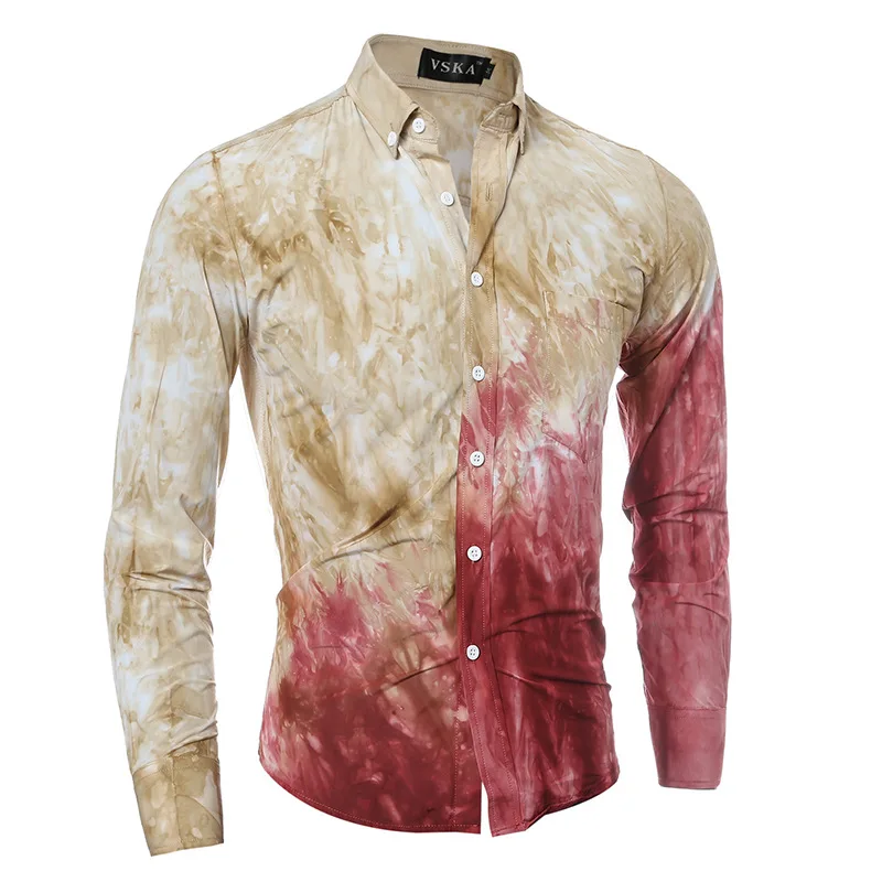Высокое качество 3D tie dye печати косой сращивание Мужская Рубашка С Длинным