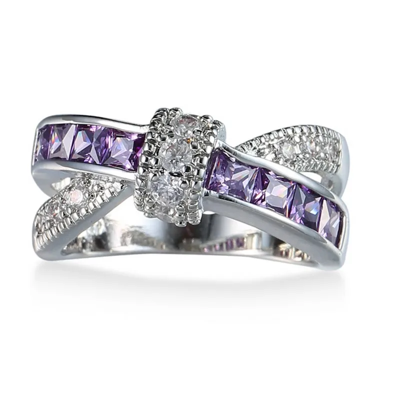 Vecalon New Wome ring Purple AAAAA Zircon Cz White Gold Filled Cross Party wedding Band for women men fashion jewelry | Украшения и