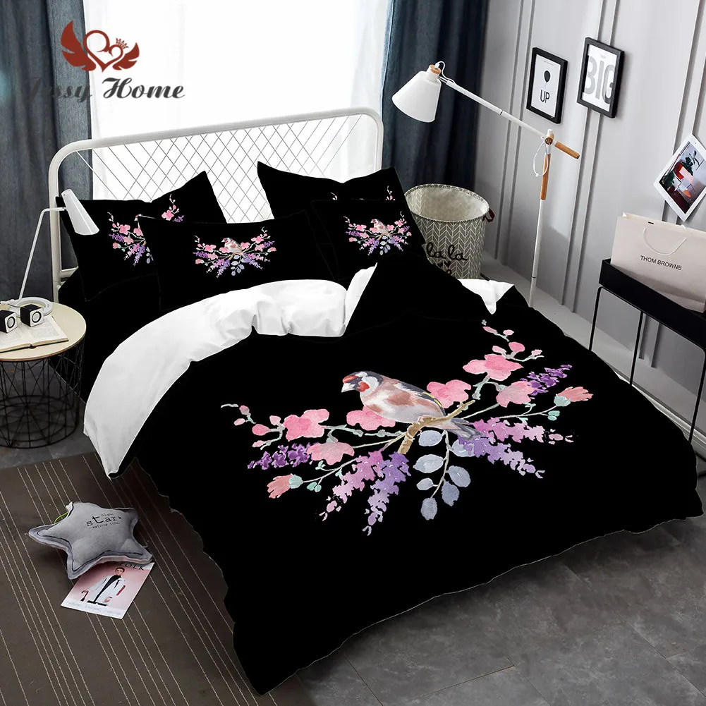 Bird Bedding Set Queen Size Pink Watercolor Flower Duvet Cover Cartoon Bed 3pcs US/AU/RU with Pillow Case M1445 | Дом и сад