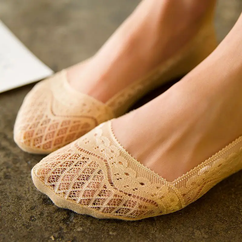 Летние женские кружевные носки Башмачки из силикагеля невидимые с хлопковой