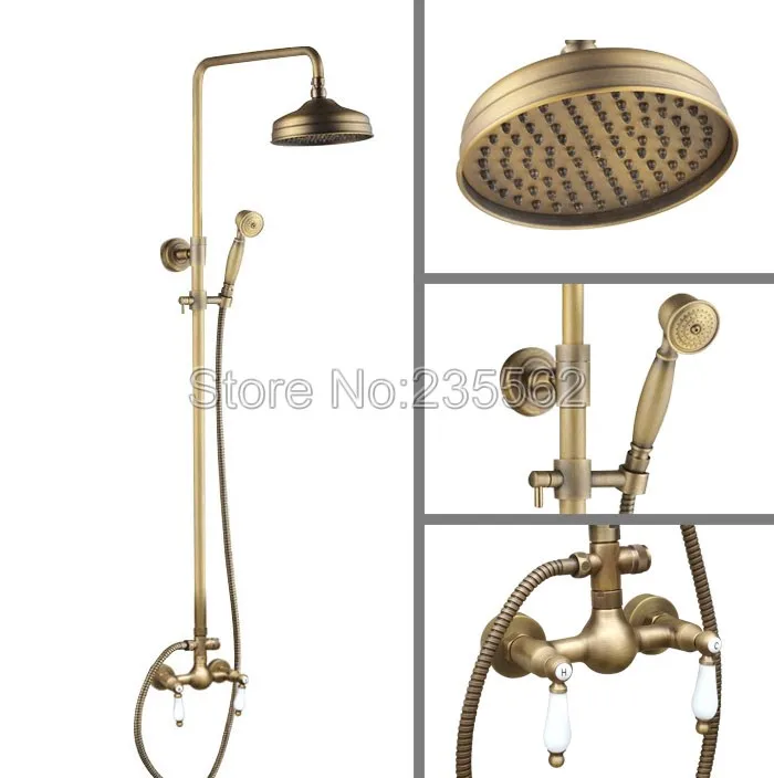 

Retro Antique Brass Bathroom Shower Set Mixer Faucet 8" Rain Shower Head with Handheld Spray lan112
