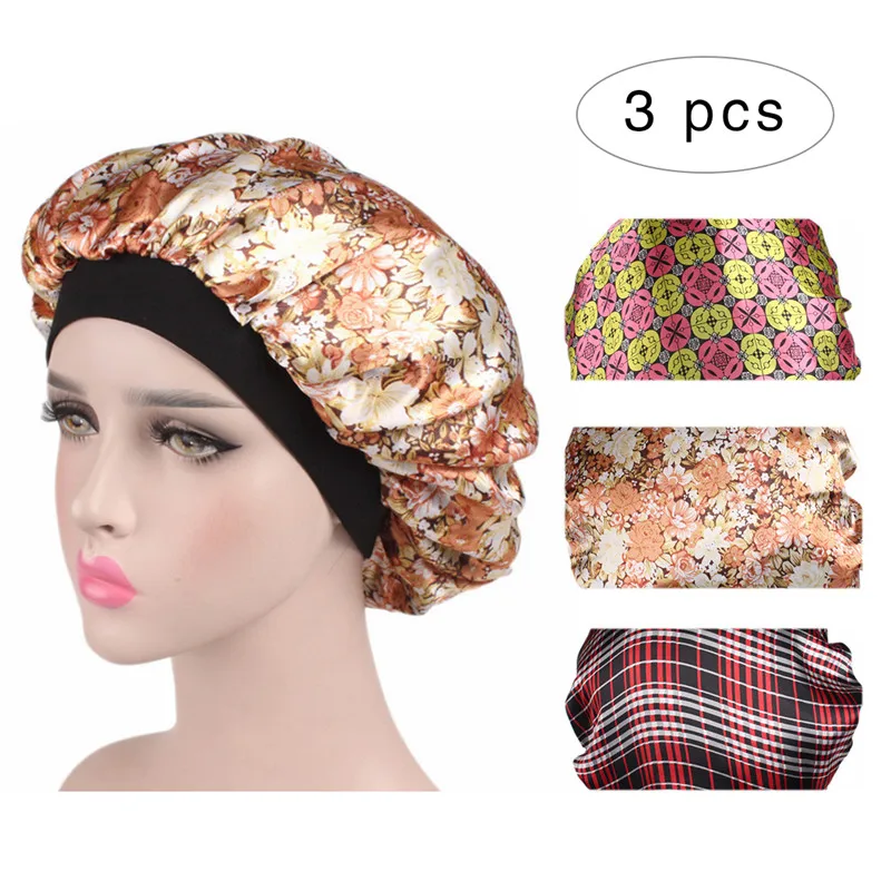 B 3PCS 1/2/3 шт. эластичные 58 см модные женские туфли душ Кепки атласная ночная рубашка сна шапочка для душа головной убор шляпа Шелковый головных уборов; широкая эластичная резинка - Цвет: B 3PCS