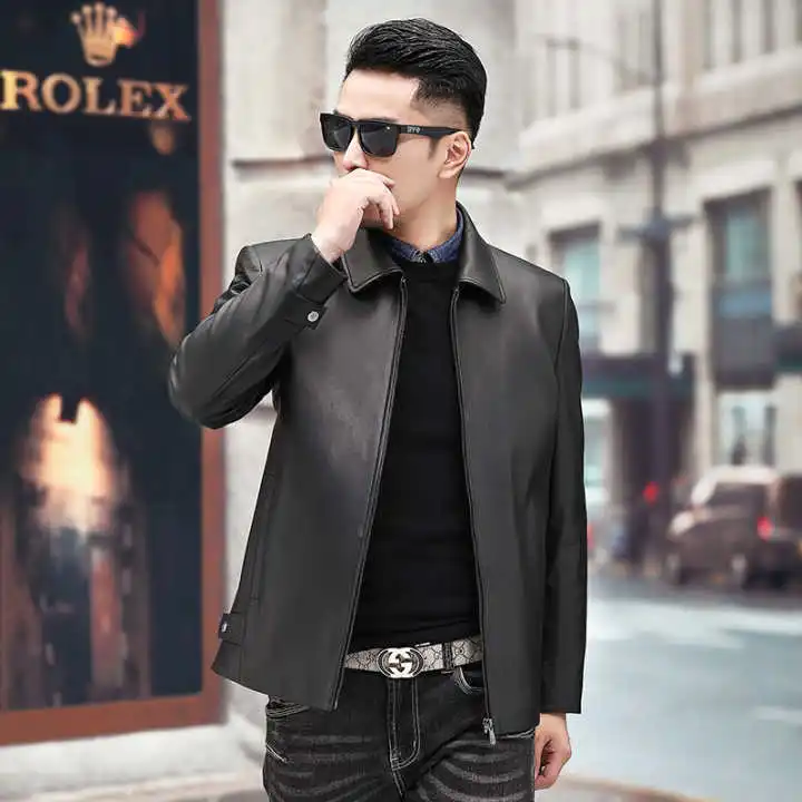 

Leather leather leather men's lapel leather jacket Haining head layer sheep skin middle-aged business casual men's coat