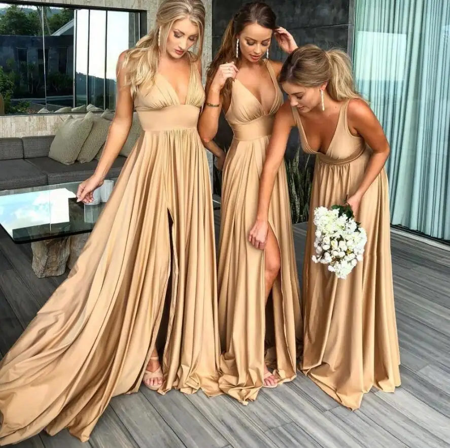 

Robe demoiselle d'honneur Sexy Slit Gold Bridemaid Dresses Long 2019 Spandex V Neck Formal Prom Party Gown