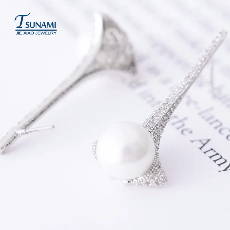 Роскошные серьги с микрозакрепкой из фианита и жемчуга модные украшения невеста