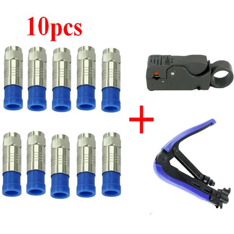 

JX connector 10pcs F male connector for RG6 75-5 coaxial compression fitting Compression Coax O-Ring connector +2 tool