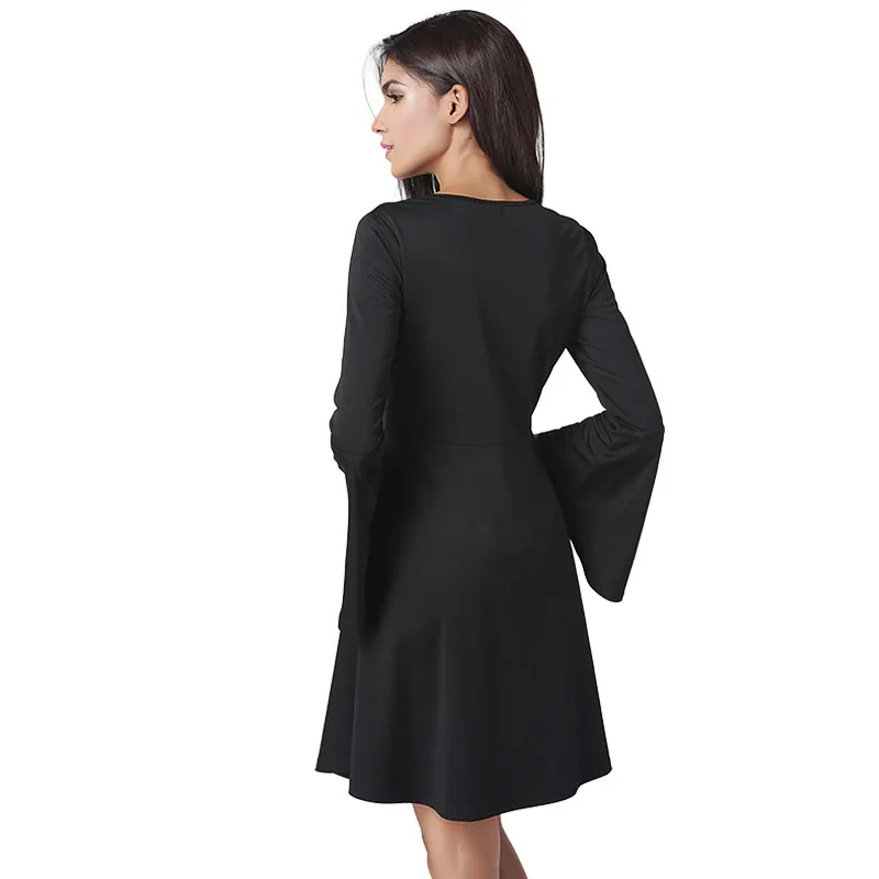 2017 Платья для женщин на лето и весну длинными расклешенными рукавами черные