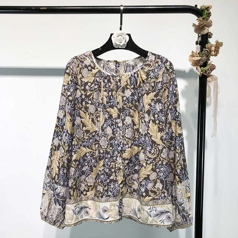 Boho Inspired black floral blouse long sleeve Spring Summer tops women buttons down O-neck oversized causal shirt new blusas |