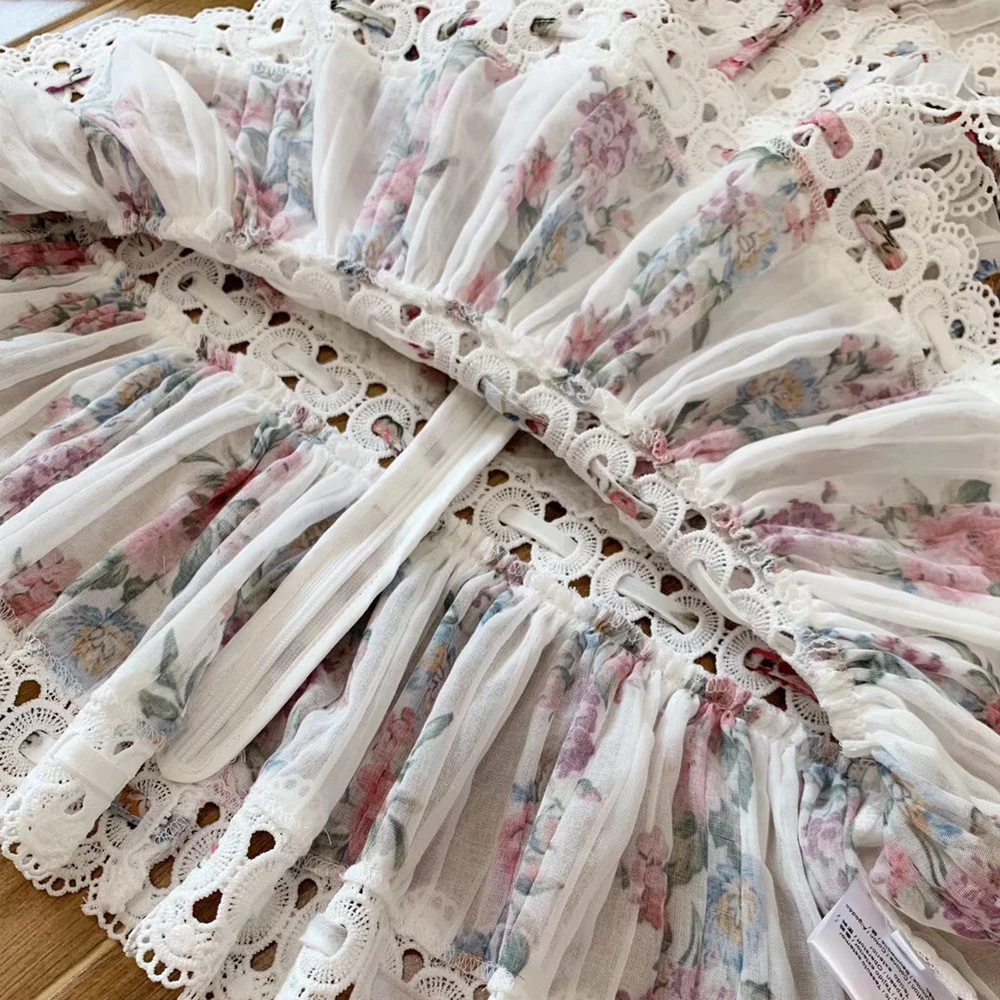 Baogarret Women Autumn Cotton Blouse Stand Collar Ruffles Flare Sleeve Vintage Flower Print Shirt Elegant Party Top |