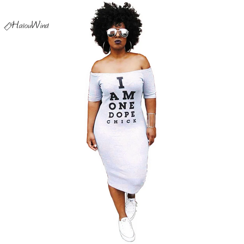 

Sexy Women Letter "i Am One Dope Chick" Bodycon T Shirts Dress Off The Shoulder Slash Neck Midi Summer Vestidos Robe Plus Size