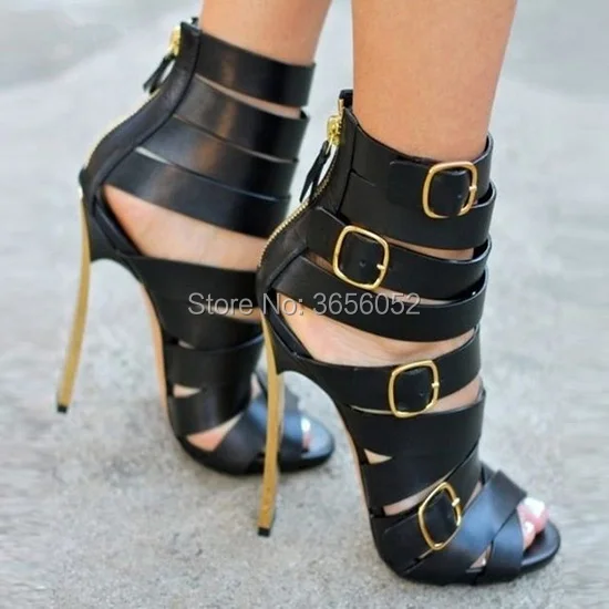 

Celebrity Runway Shoes Black Leather Narrow Buckled Straps Cut Outs Gladiator Sandals Blade Metal High Heels Summer Boots Women