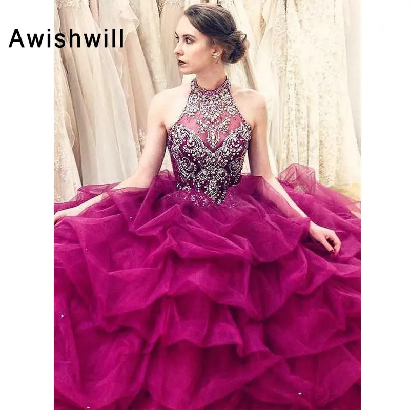 

New Arrival Sweet 16 Dresses for Girl Ball Gown Halter Beaded Rhinestones Ruffles Organza Open Back Long Quinceanera Dress