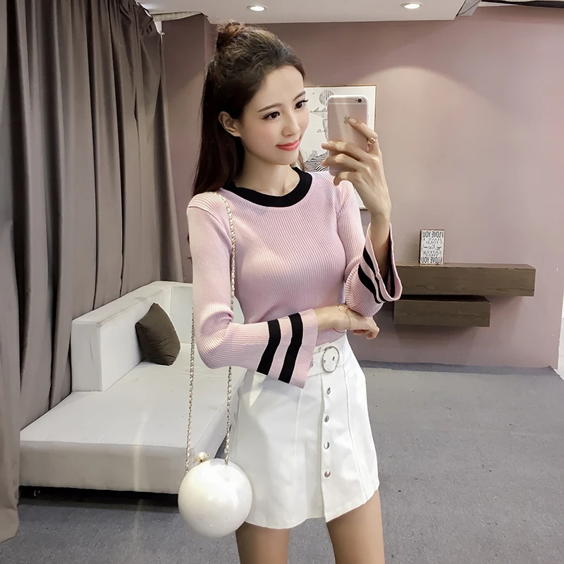 Осень-зима женский вязанный Полный Flare рукавом с О-образным вырезом свитера и