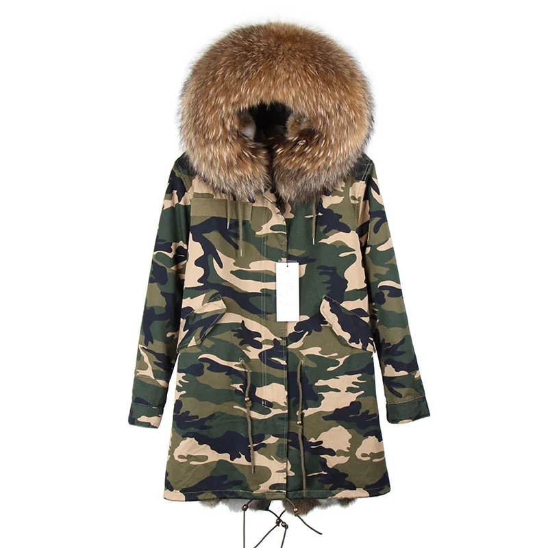 Женская парка Длинная зимняя куртка Камуфляжная с капюшоном и воротником из