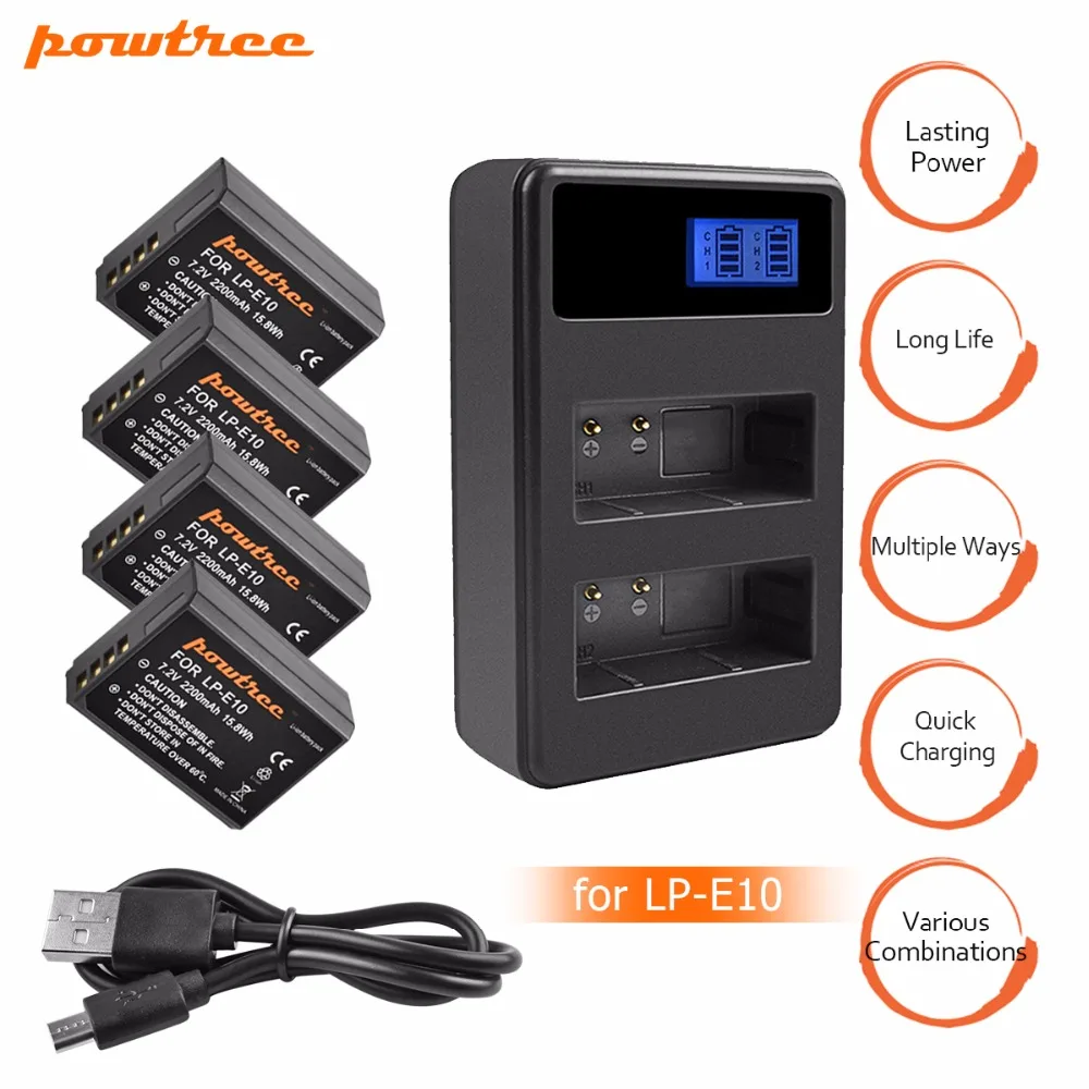 4 шт. LP E10 LPE10 батареи для камеры + ЖК дисплей USB двойное зарядное устройство Canon EOS