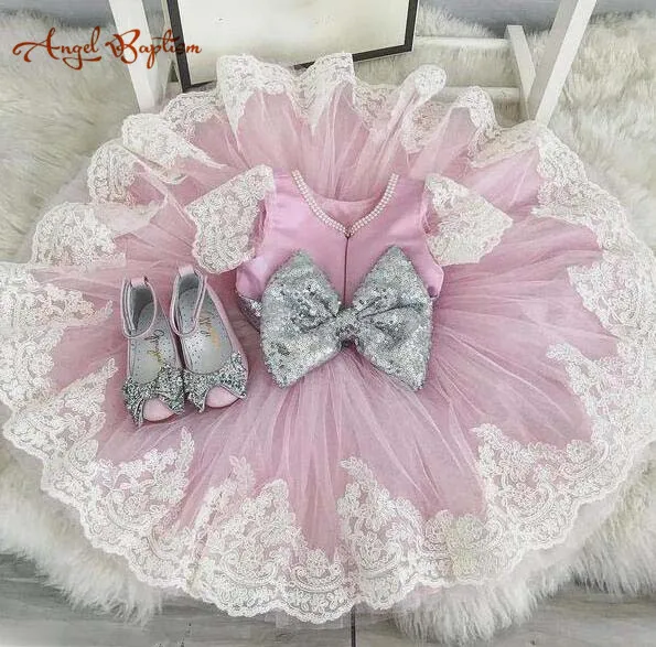 Gorgeous sparkly pink satin and silver sequins bow with lace short sleeves baby birthday party dresses kids flower girl dress | Детская