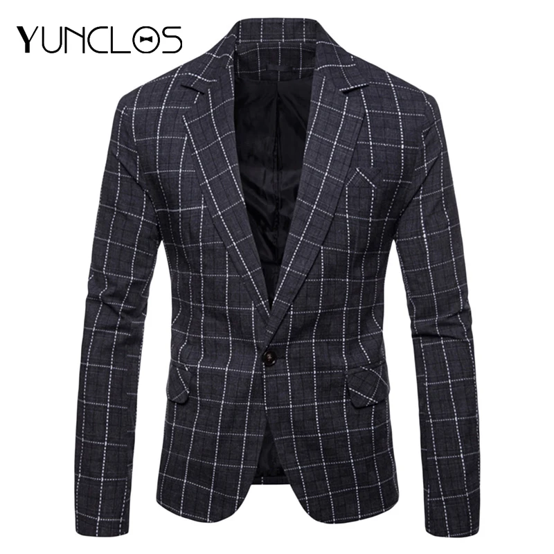 YUNCLOS New Slim Fit Business Men Suit Blazer Classic Plaid Print Jacket High Quality Casual Male Prom Blazers | Мужская одежда