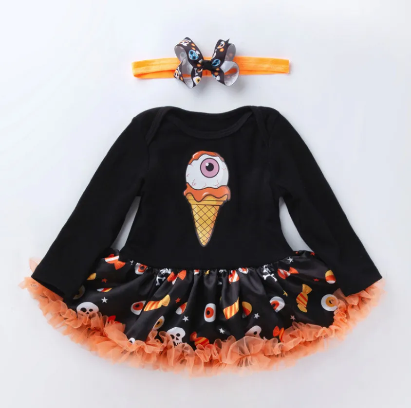 

Hot Baby Infant Girls Halloween Costume Newborn Pumpkin Romper Dress and Hairband Clothes Sets Children Kids Dresses Party Wear