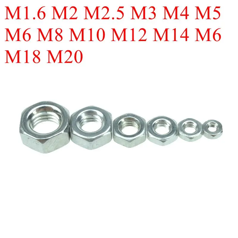 Нержавеющая сталь 304 метрической резьбы DIN934 M1.6 M2 M2.5 M3 M4 m5 m6 m8 m10 m12 M14 M16 M18 M20 шестигранные гайки
