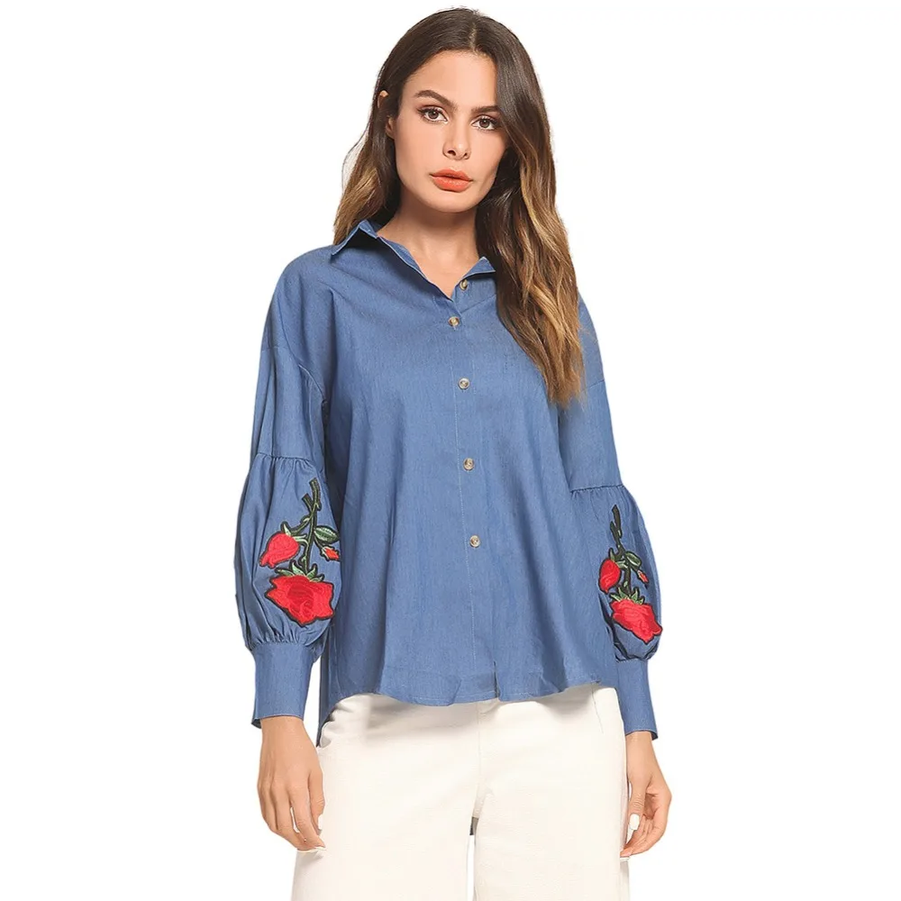 

2019 Women's New Fashion Casual Sexy Lantern Cuff Rose Embroidered Chapter Long Sleeved Loose Denim Shirt