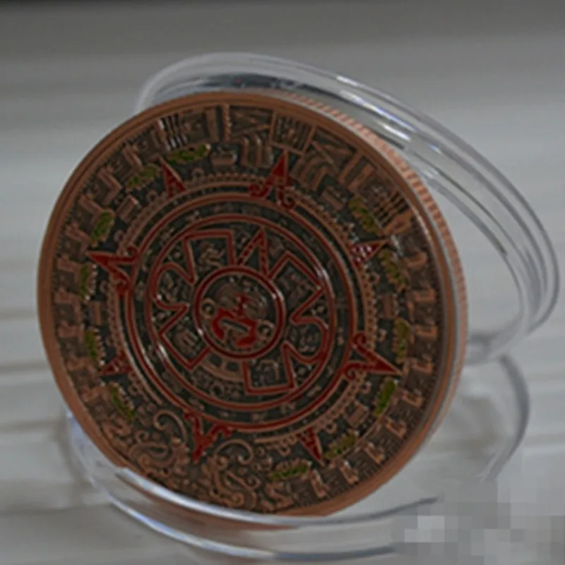 

20 pcs Non Magnetic gods Aztec calendar stone badge religion mysterious red copper plated 40 mm souvenir decoration coin