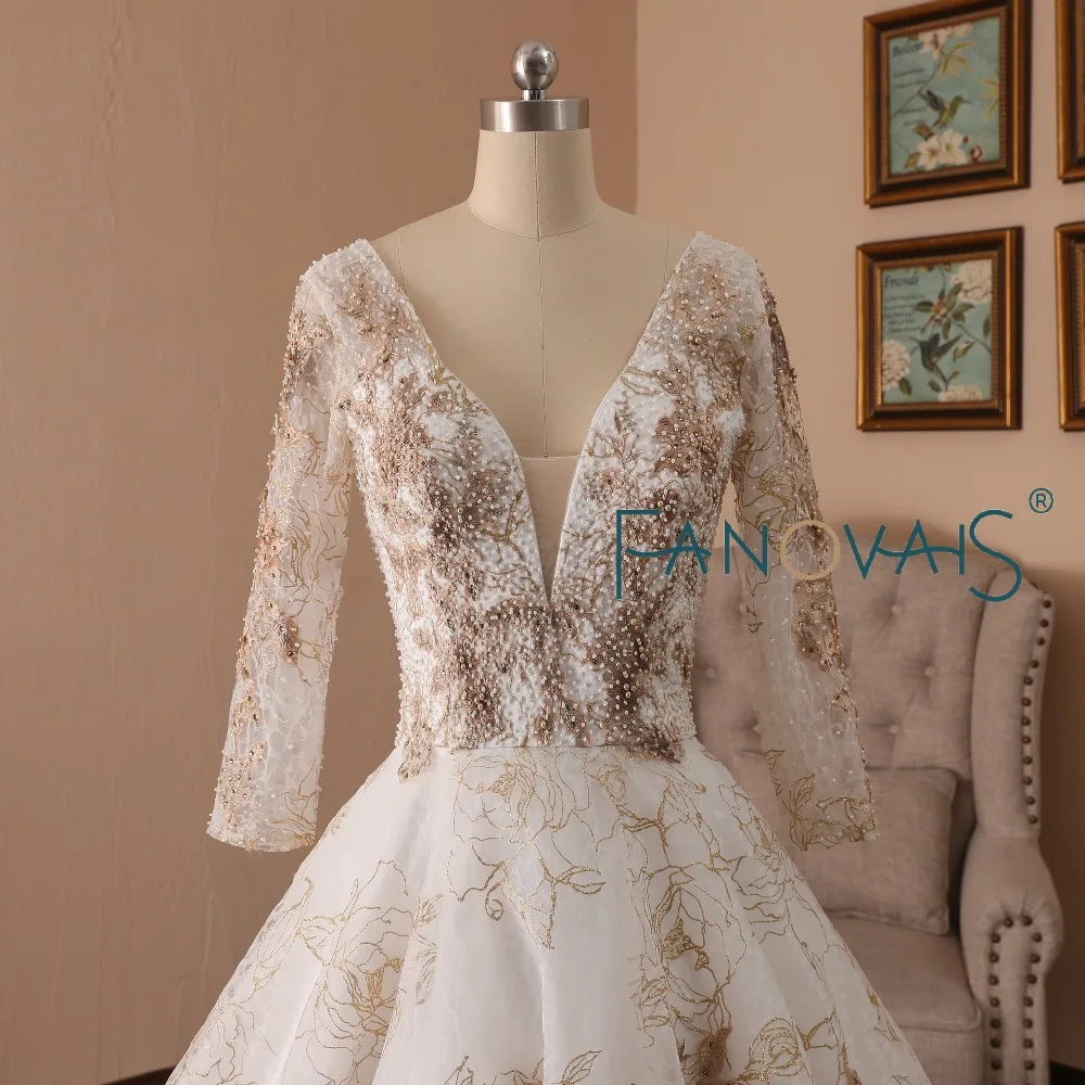 Золотые свадебные платья 2019 жемчуг с длинными рукавами Vestido de Novia gelinlik robe mariage