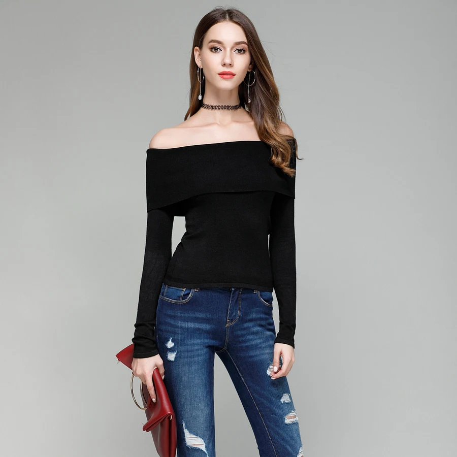 LERFEY Off Shoulder Elastic Autumn Knitted Sweater Women Short Black Lapel Pullover Sexy Jumpers Winter Slash Neck Knitwear Tops | Женская