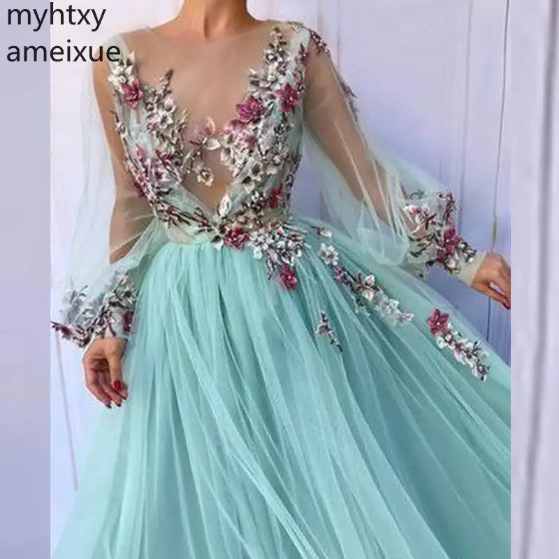 

Sexy Blue Illusion Mint Long Sleeves Flower Custom Evening Dress Floral Appliques Party Prom Formal Gowns Plus Size Event Dress
