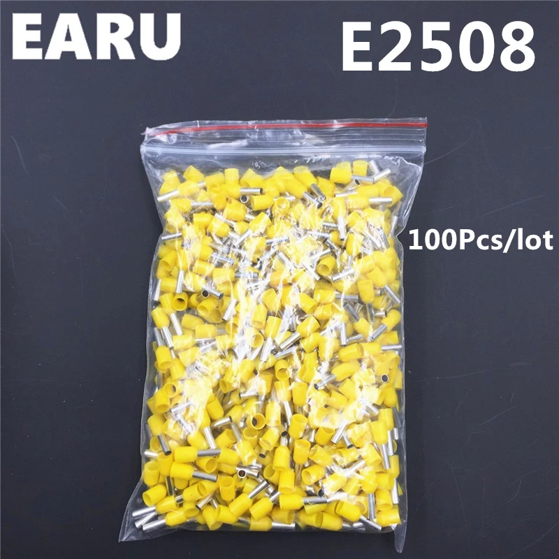 

100 шт. E2508 изоляционная Изолированная клемма 2, 5 мм2 14AWG Кабельный разъем изолирующий обжим E черный желтый синий красный зеленый
