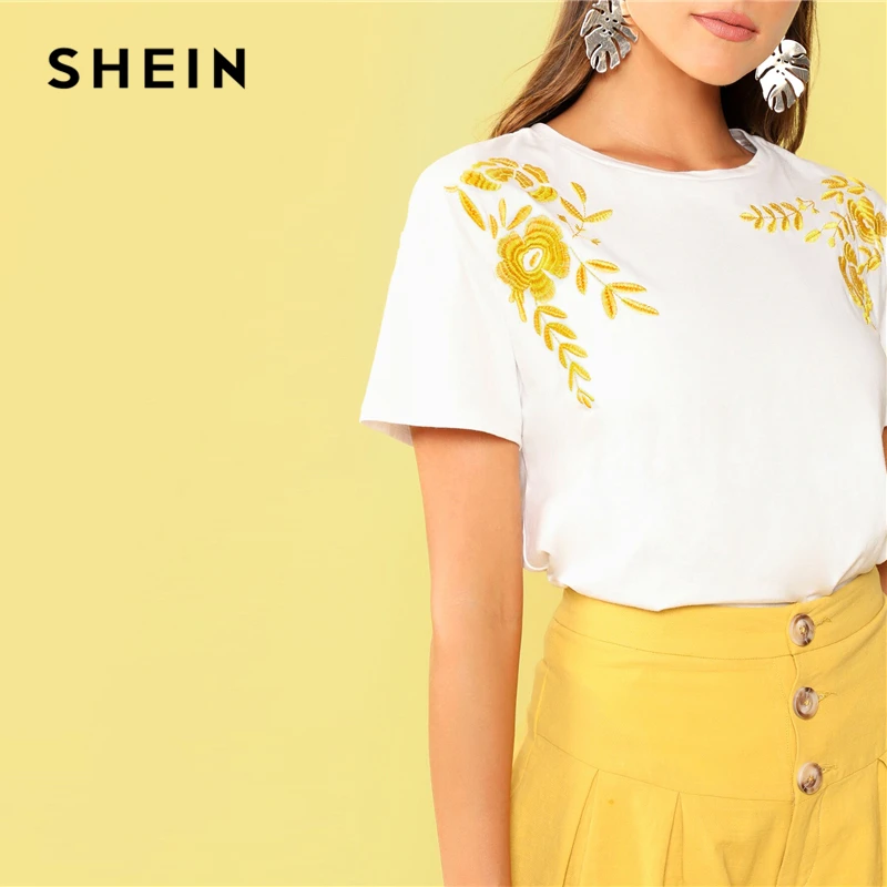 SHEIN, женская футболка с цветочной вышивкой,, эластичная летняя футболка с коротким рукавом, круглый вырез, белые летние топы