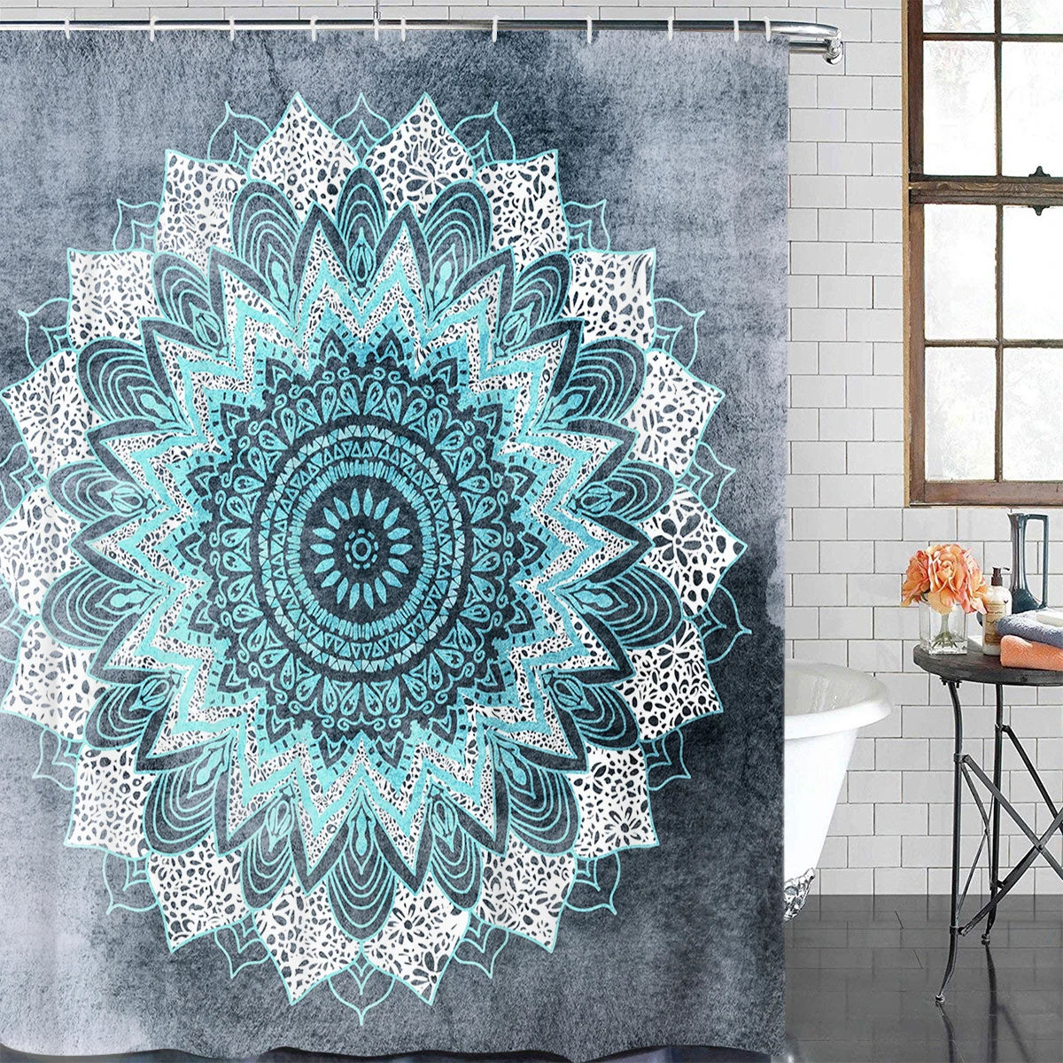 Занавески для душа WARMTOUR BOHOCHIC с мандалой в синем цвете очень длинные тканевые