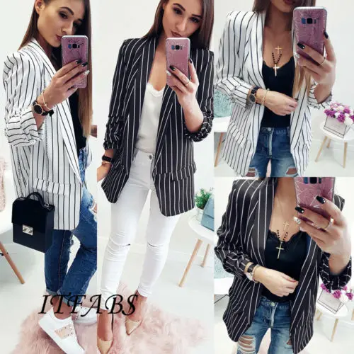 Для женщин черный белый цвет костюм в полоску топы Стильный Button Blazer Тонкий куртки